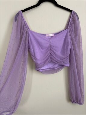 Blue Blush polka dot Lavender Mesh Ruched Long-Sleeve Crop Top